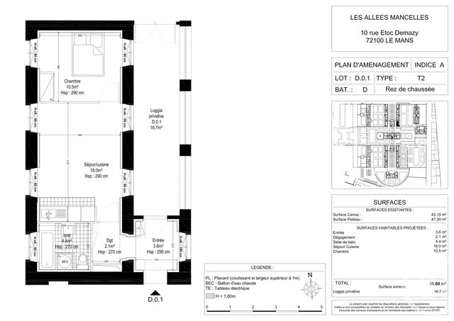 Appartement F2 à louer - 2 pièces - 39.12 m2 - LE MANS - 72 - PAYS-DE-LOIRE - Century 21 Harmony