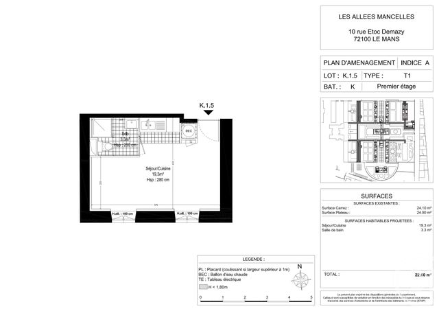 Appartement F1 à louer - 1 pièce - 22.51 m2 - LE MANS - 72 - PAYS-DE-LOIRE - Century 21 Harmony